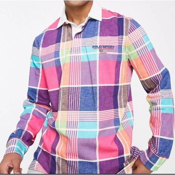 Ralph Lauren Sport Other - Polo Sport Ralph Lauren Mens Pink Madras Long Sleeve Rugby Shirt Size Medium